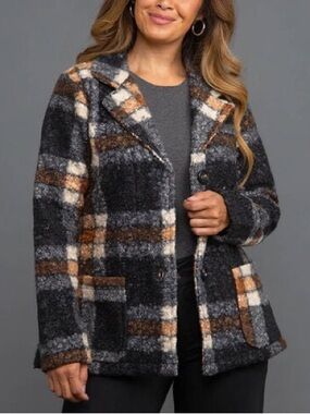 Papa Black Brown Boucle Plaid Jacket Shacket Long Sleeve Womens Large Fall Cozy